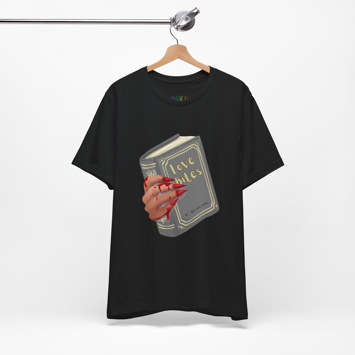 Black t-shirt with graphic design of a creepy and bloody hand holding a book titled 'Love Bites' by C. Dracula