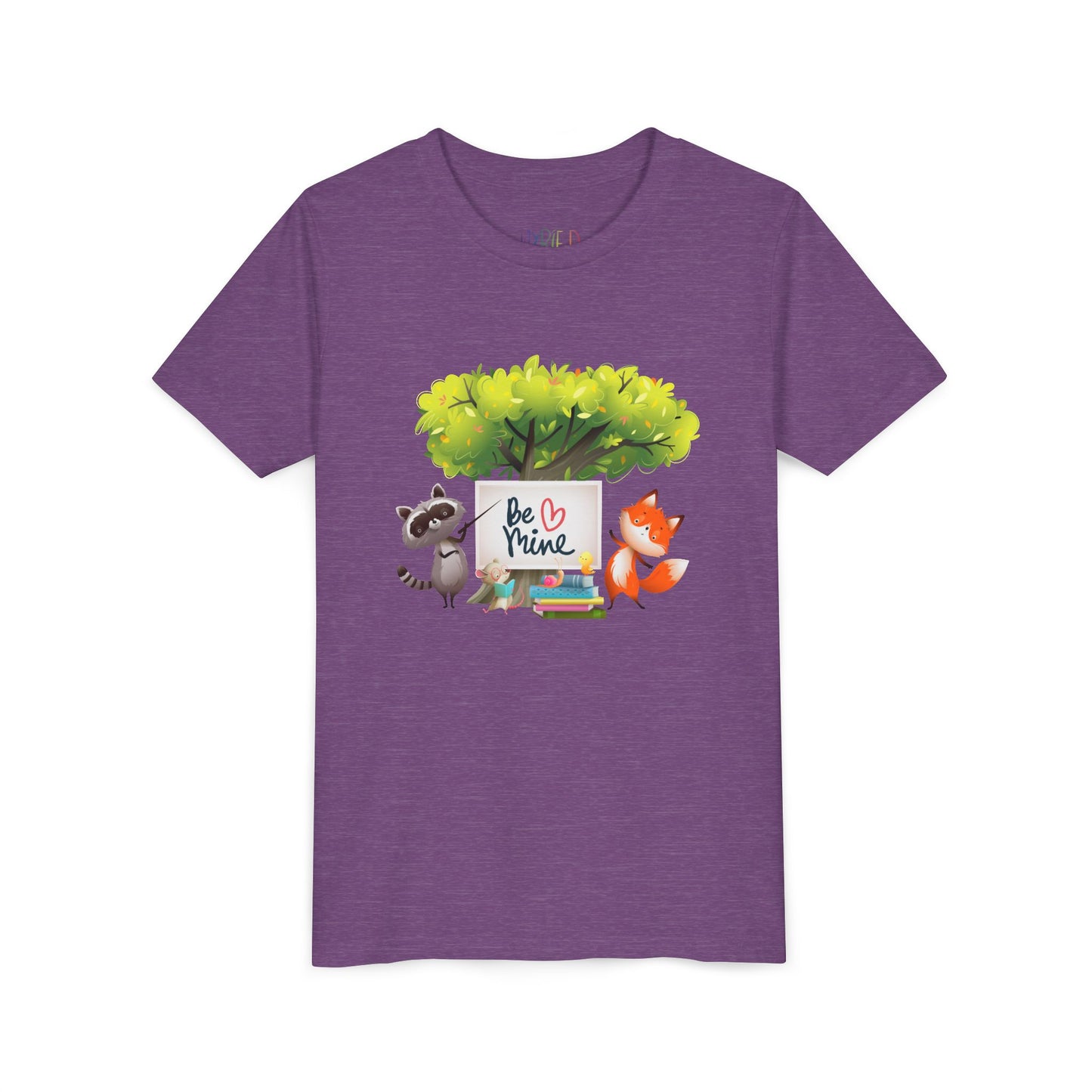 Light purple t-shirt with a raccoon and fox graphic and 'Be Mine' text 