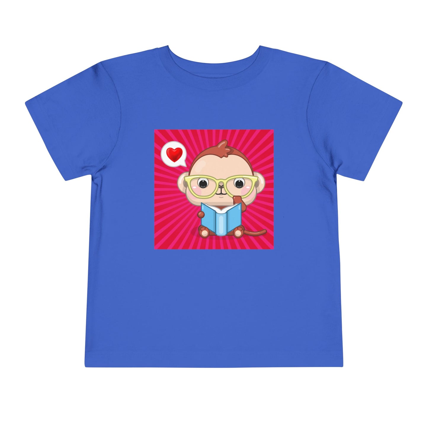 Blue t-shirt with a cartoon monkey in yellow eye glasses, reading a book, a heart thought bubble and red background