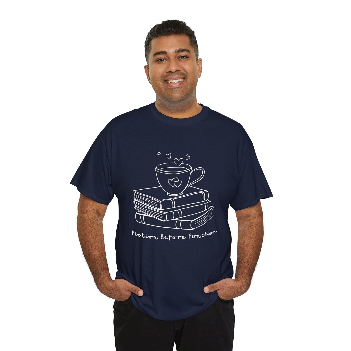 Man wearing dark blue t-shirt with white graphic design of hot beverage and a stack of books, text 'Fiction Before Function' 
