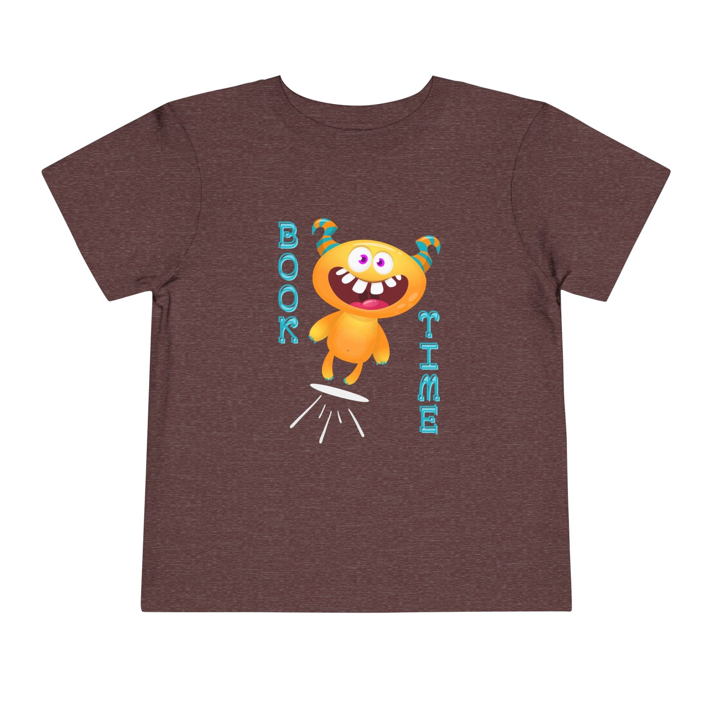 Maroon toddler t-shirt with a jumping cartoon monster design and text 'BOOK TIME'