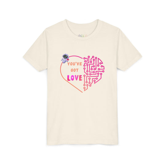 Beige t-shirt with a heart-shaped design with computer connections, a robot holding a heart and text 'You've Got Love'