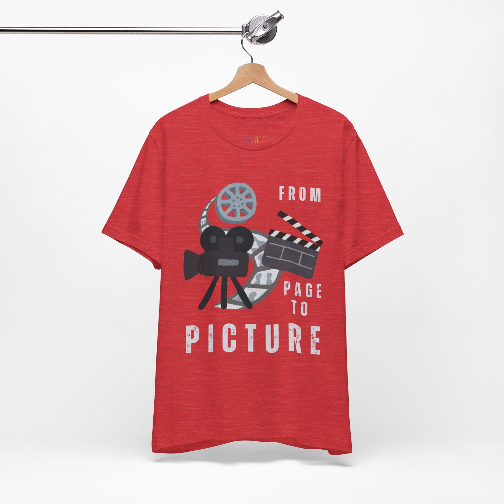 Red t-shirt with movie-themed graphic and text 'From Page to Picture' 