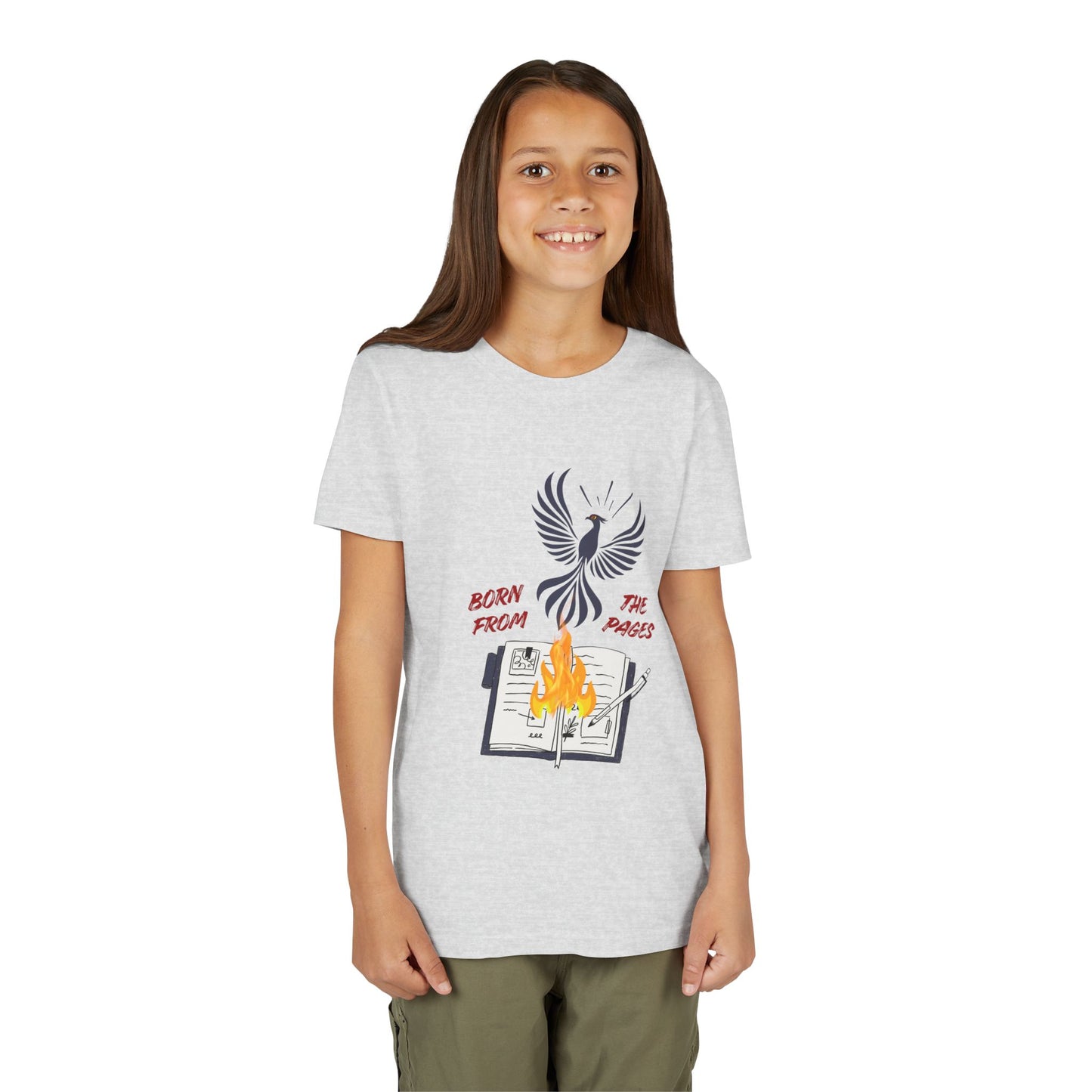 Girl wearing a light ash gray t-shirt with a graphic design featuring a phoenix rising from burning pages and text 'Born From The Pages'
