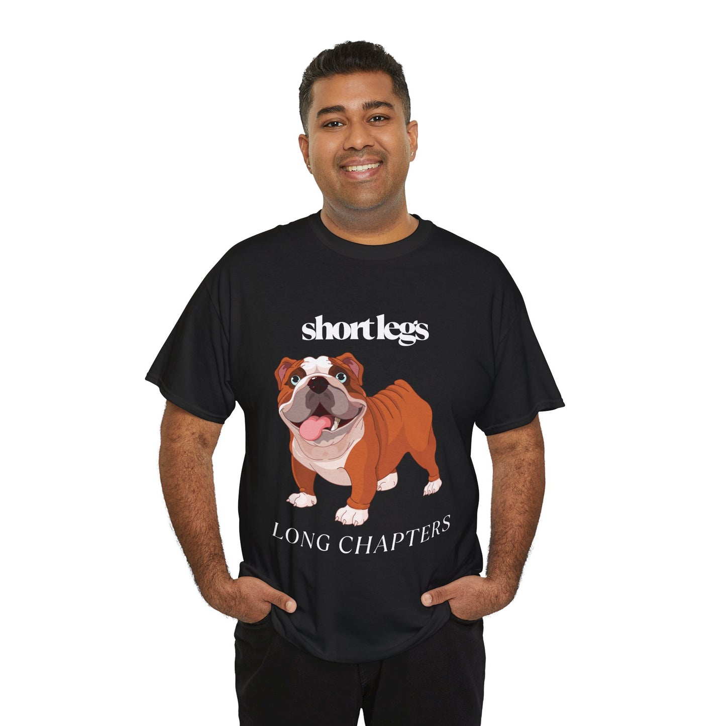 Man wearing a black t-shirt with a happy bulldog and text 'Short Lets, Long Chapters'