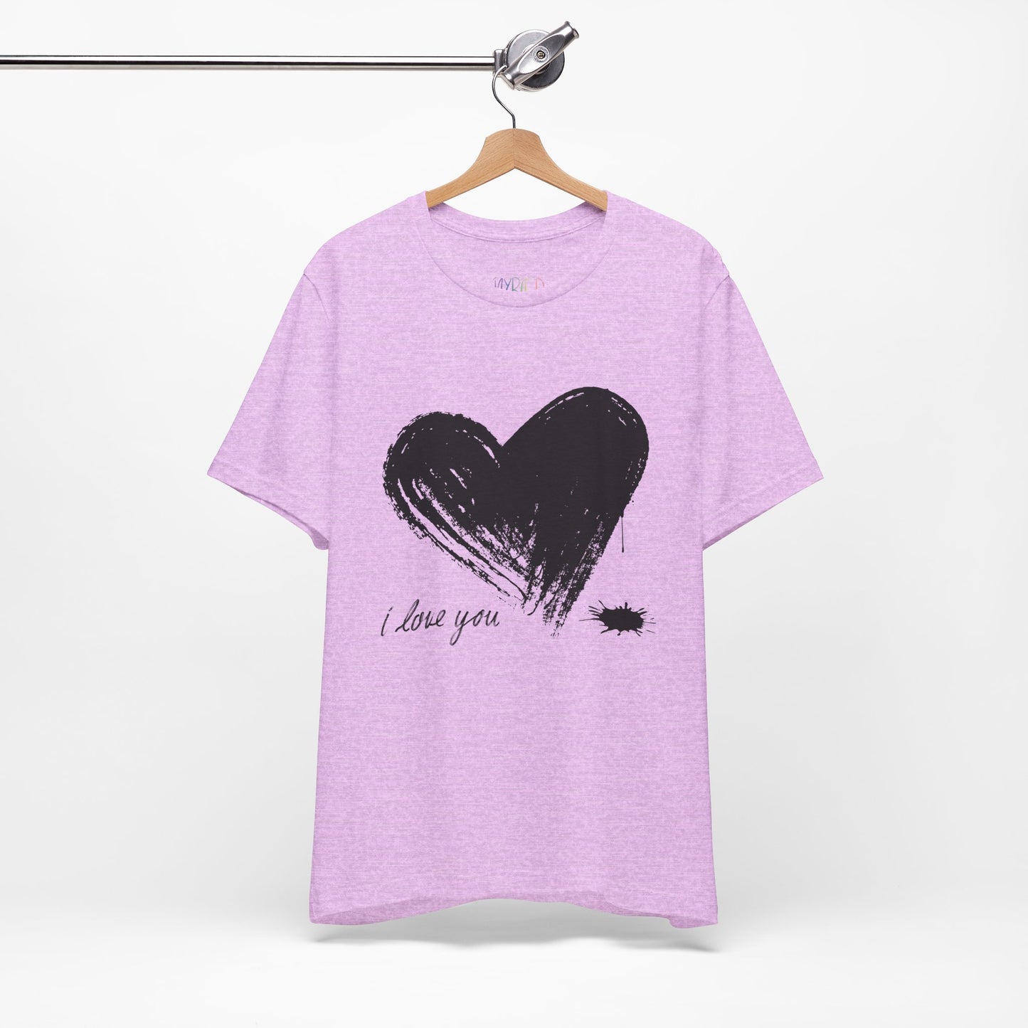 Light purple t-shirt with a black sketched heart dripping ink and text 'I Love You' 