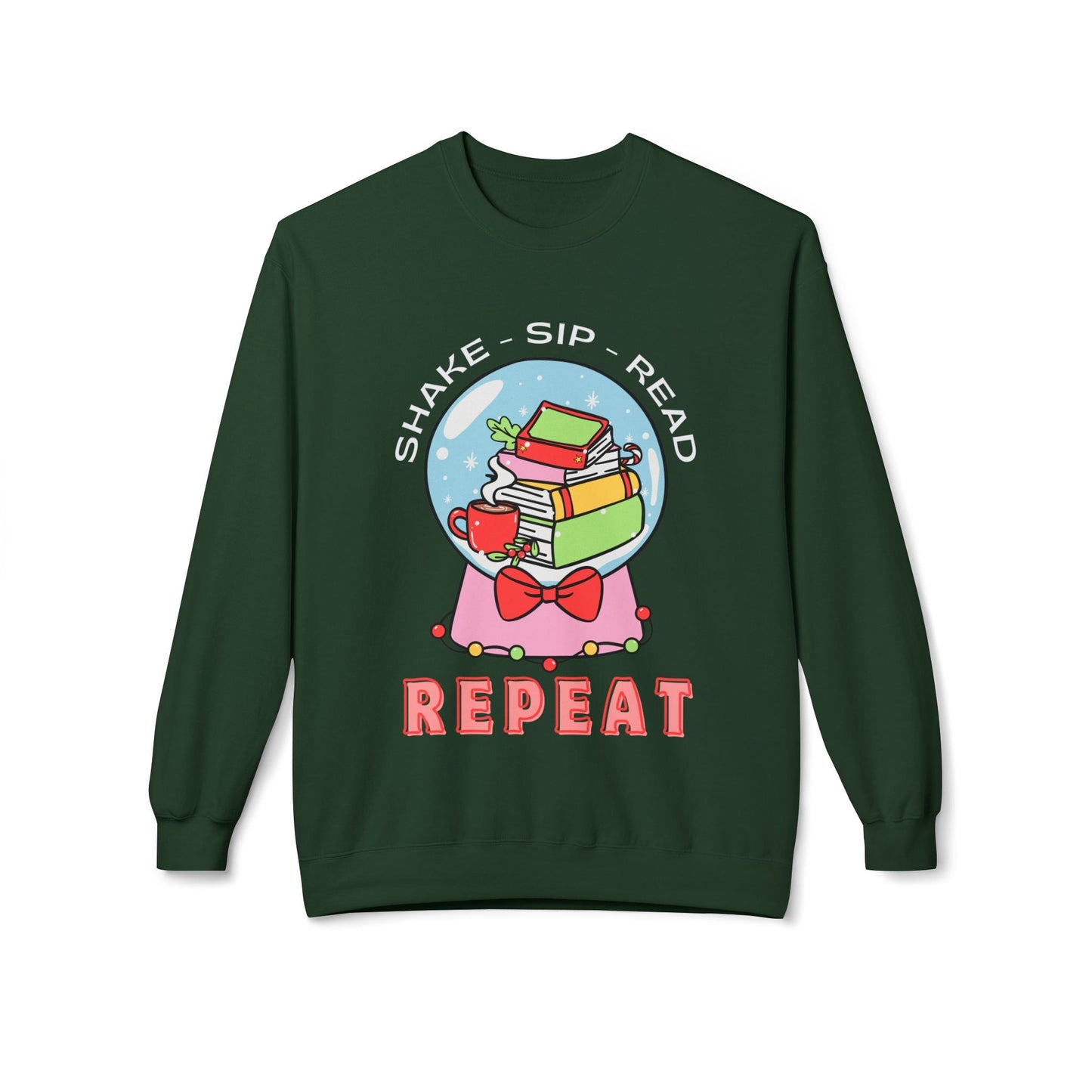 Teen/Adult Unisex Shake Sip Read Repeat Sweatshirt â€“ Festive Holiday Book Snow Globe Design Printify