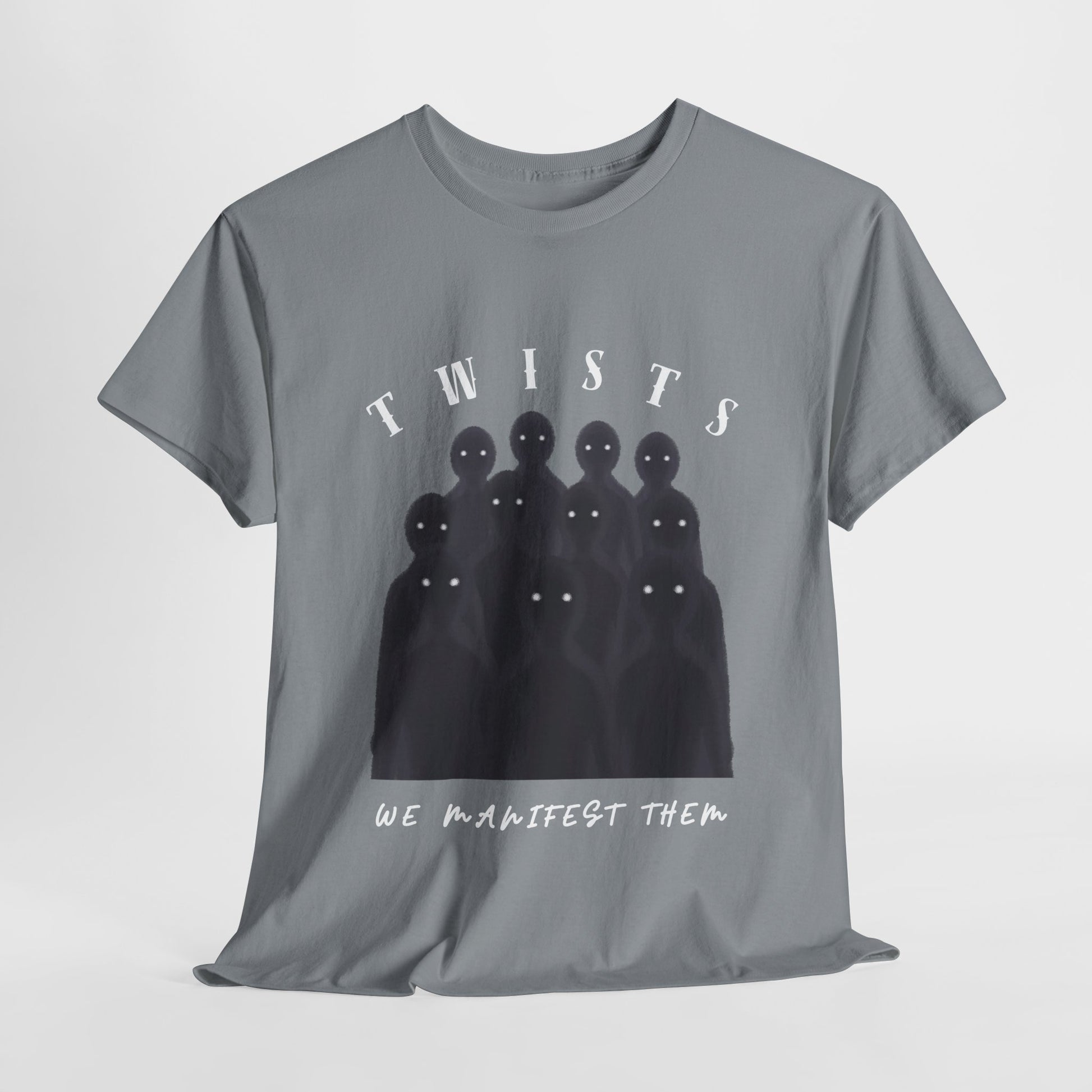 Gray t-shirt with a group of black, sinister silhouettes with white eyes and text 'TWISTS - We Manifest Them'
