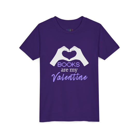 Purple t-shirt with 'Books are my Valentine' text and two hands making a heart shape
