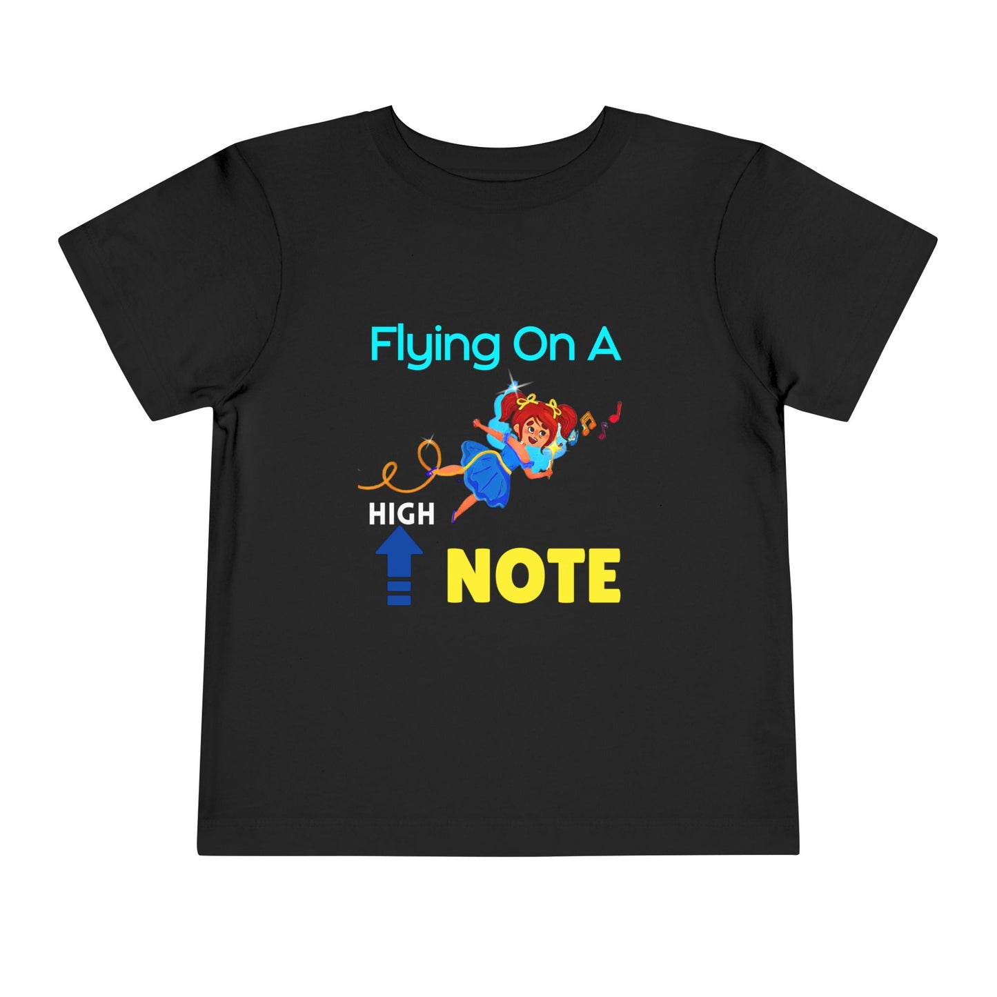 Black toddler t-shirt with a flying fairy graphic and playful text 'flying on a high note'