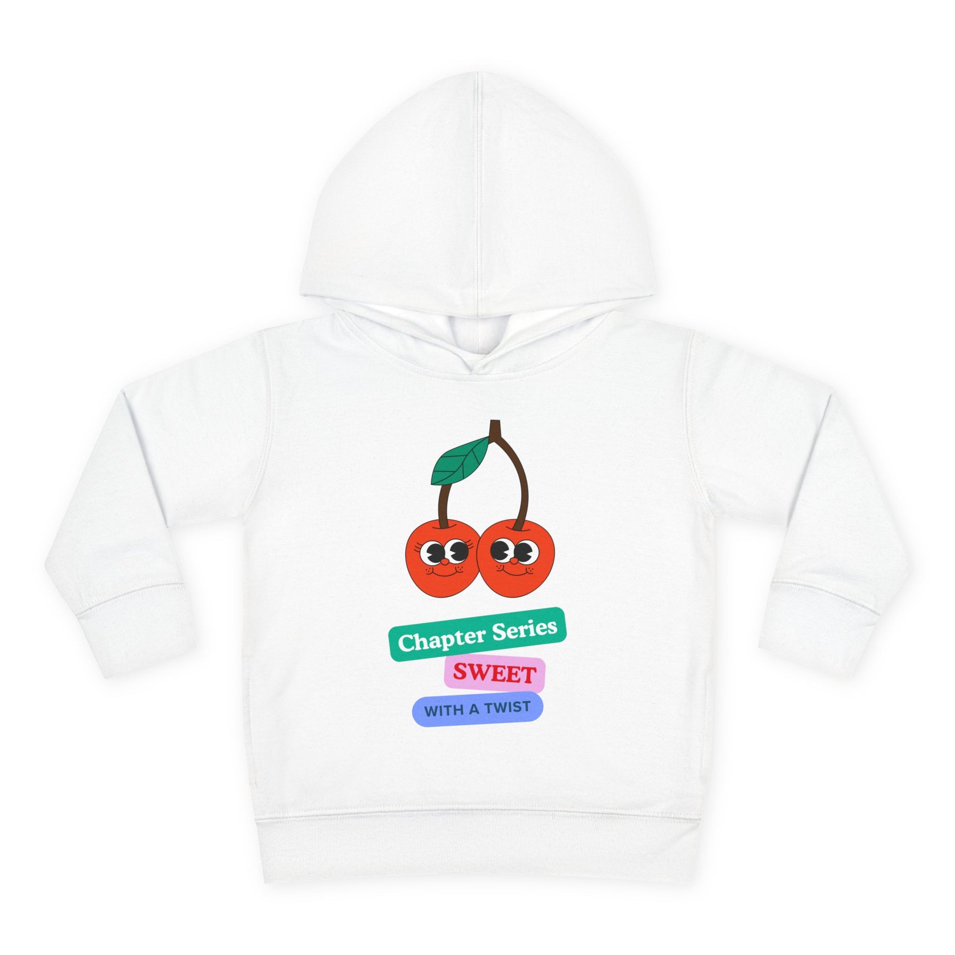 White hoodie with cartoon cherries and text on a white background