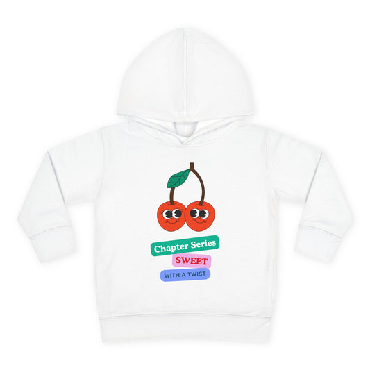 White hoodie with cartoon cherries and text on a white background