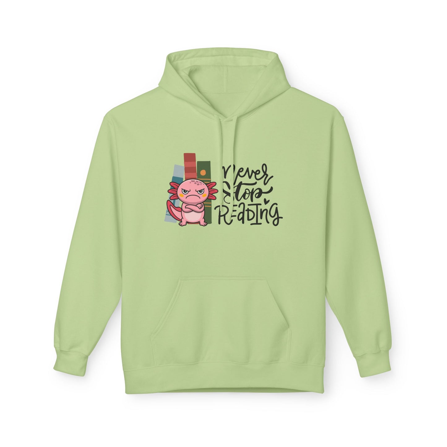 Teen/Adult Unisex Never Stop Reading Hoodie, Funny Axolotl Book Lover Design