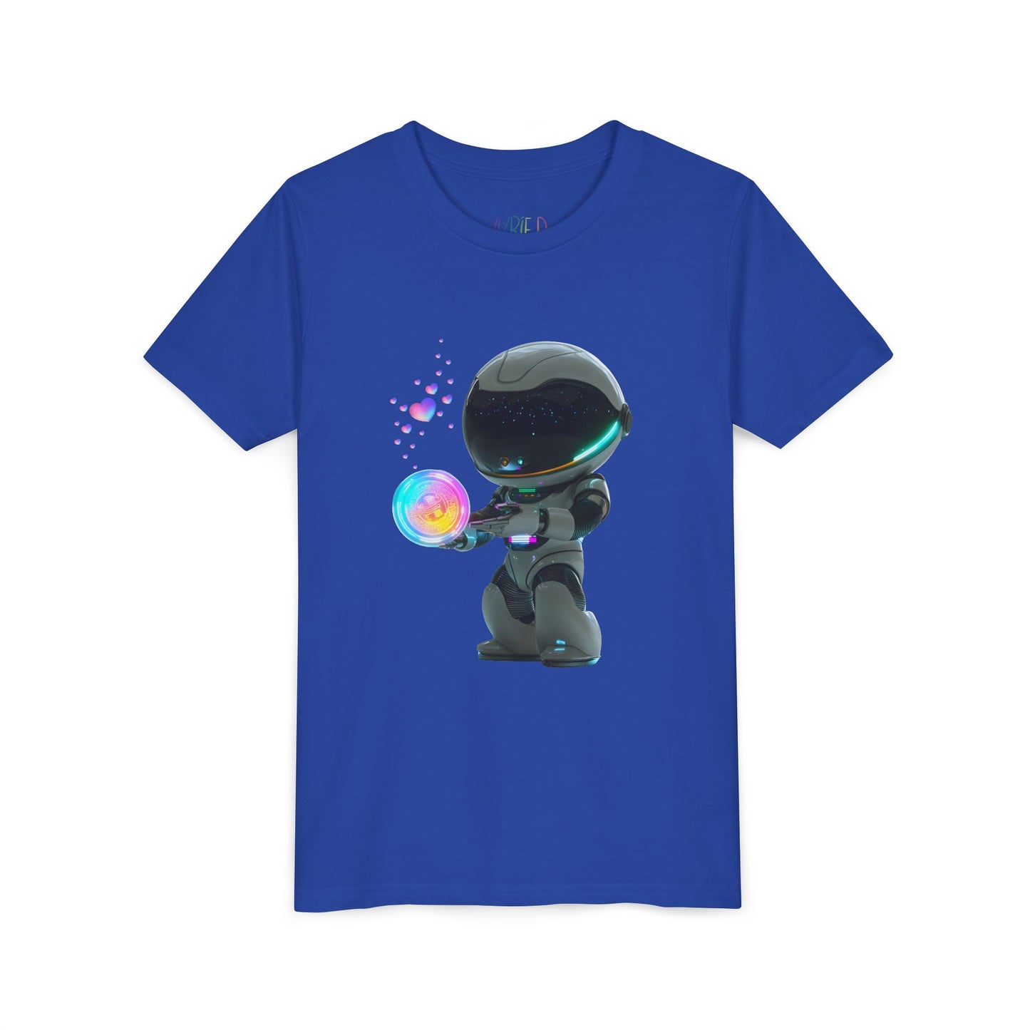Blue t-shirt with an astronaut holding  a glowing orb bubble with colorful hearts floating out of it 