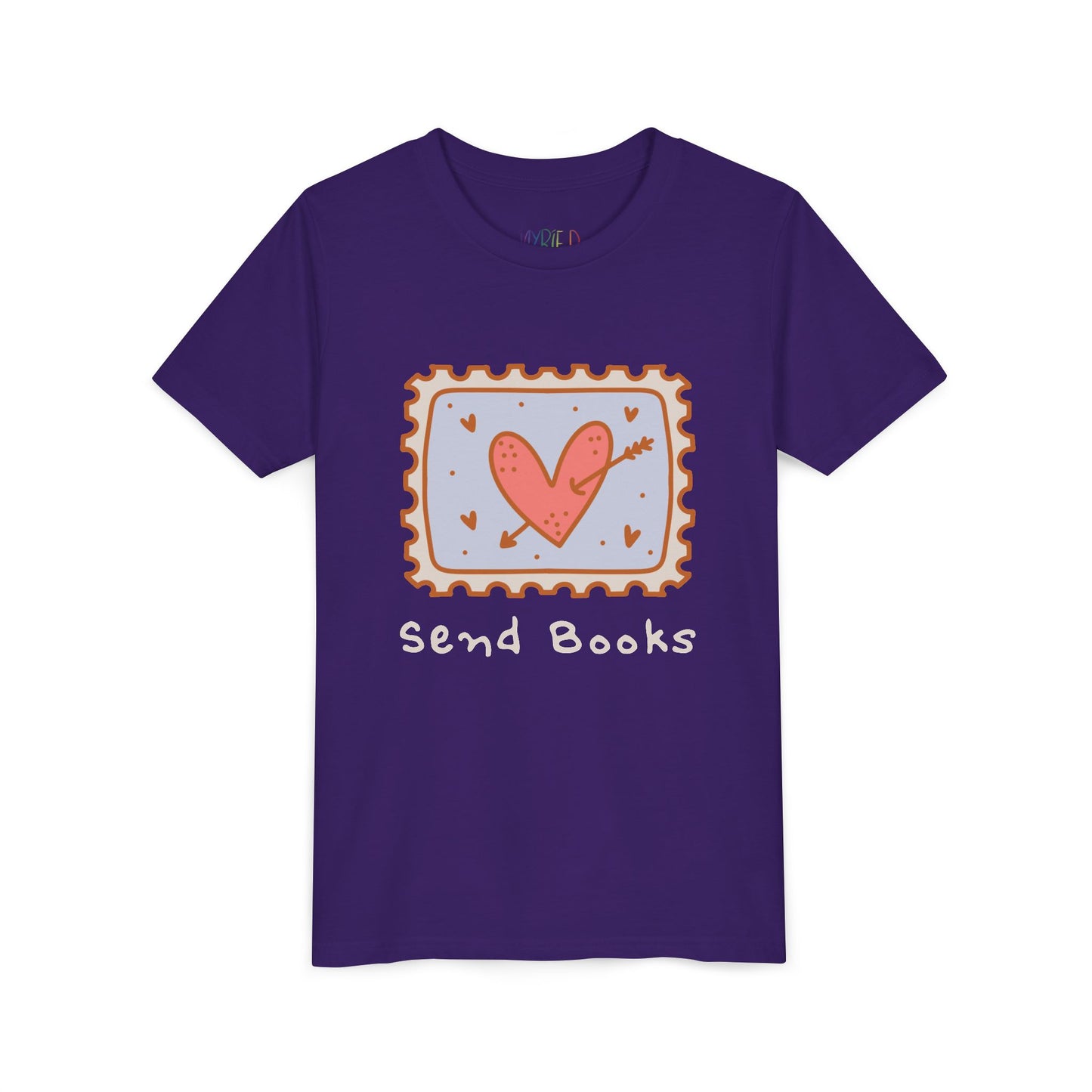 Purple t-shirt with a heart stamp and text 'Send Books'