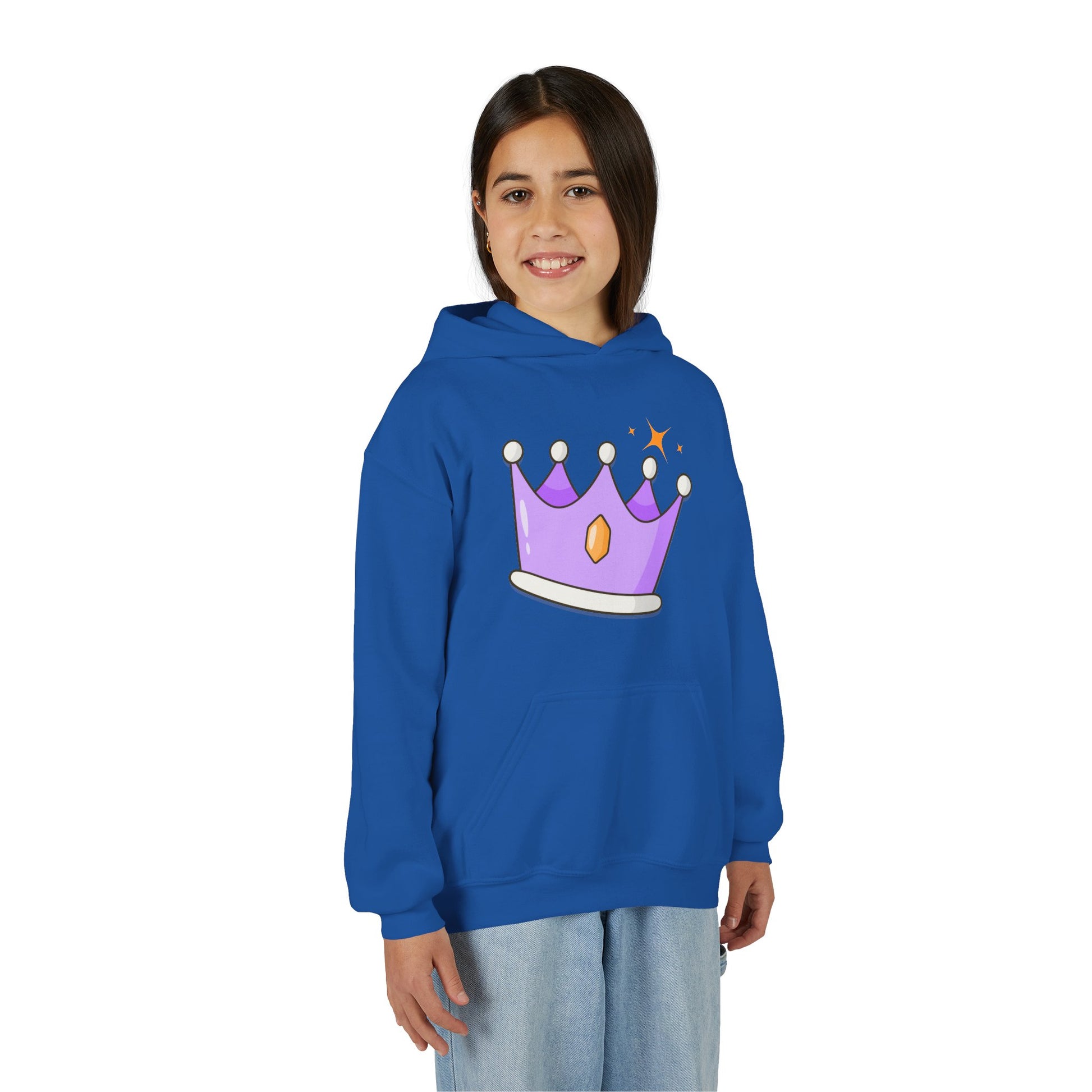Girl wearing a blue hoodie with a sparkling purple crown