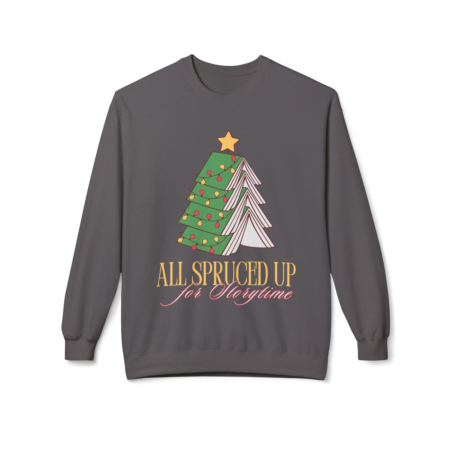 Teen/Adult Unisex All Spruced Up for Storytime Sweatshirt â€“ Festive Book Tree Christmas Design Printify