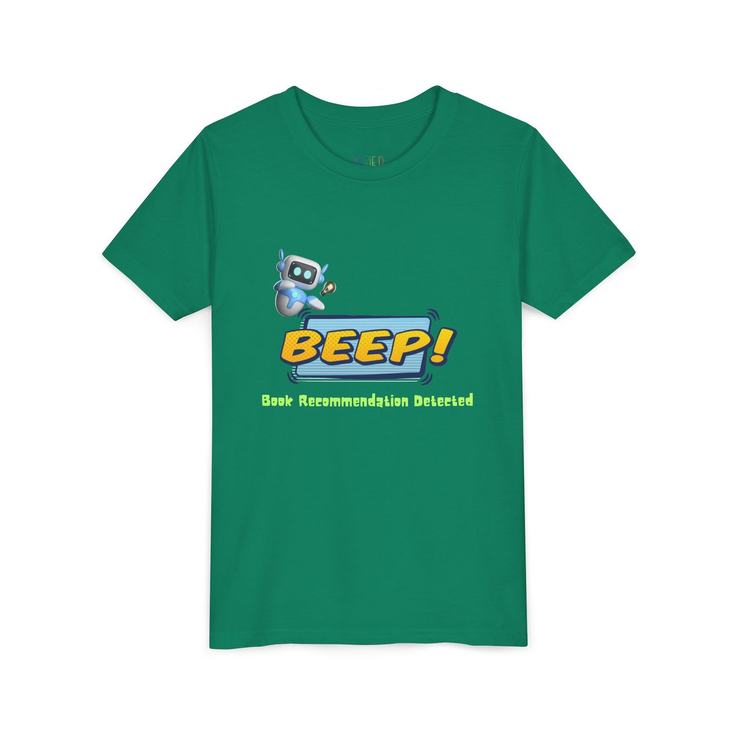 Green t-shirt with robot graphic and 'BEEP! Book Recommendation Detected' text 