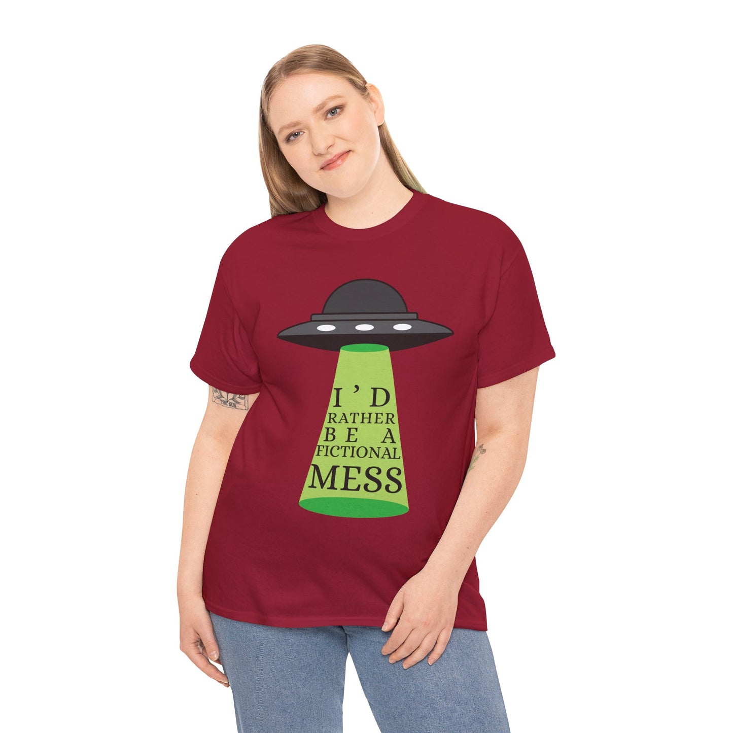Woman wearing a red t-shirt with a UFO graphic beaming up text 'I'd Rather Be a Fictional Mess'