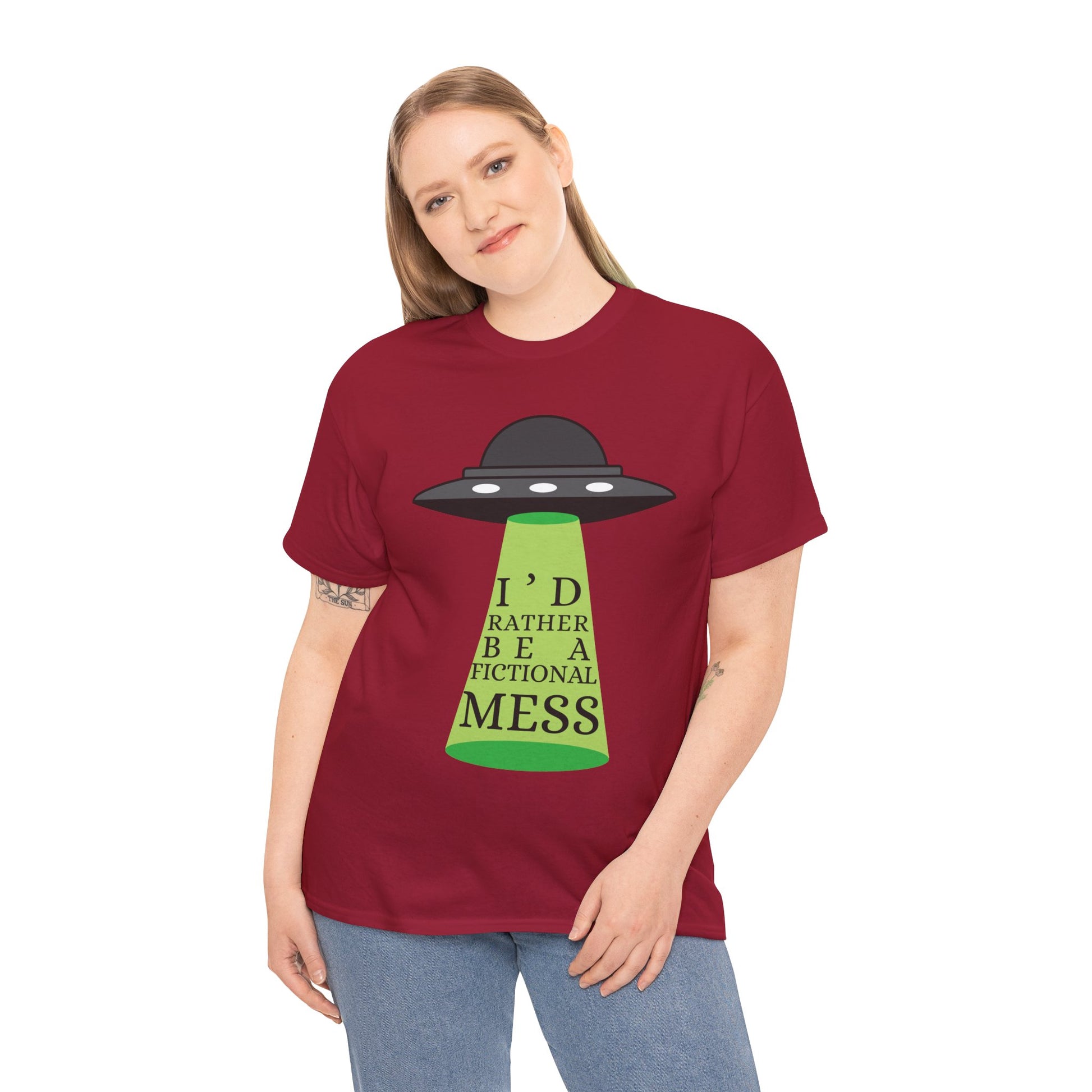 Woman wearing a red t-shirt with a UFO graphic beaming up text 'I'd Rather Be a Fictional Mess'