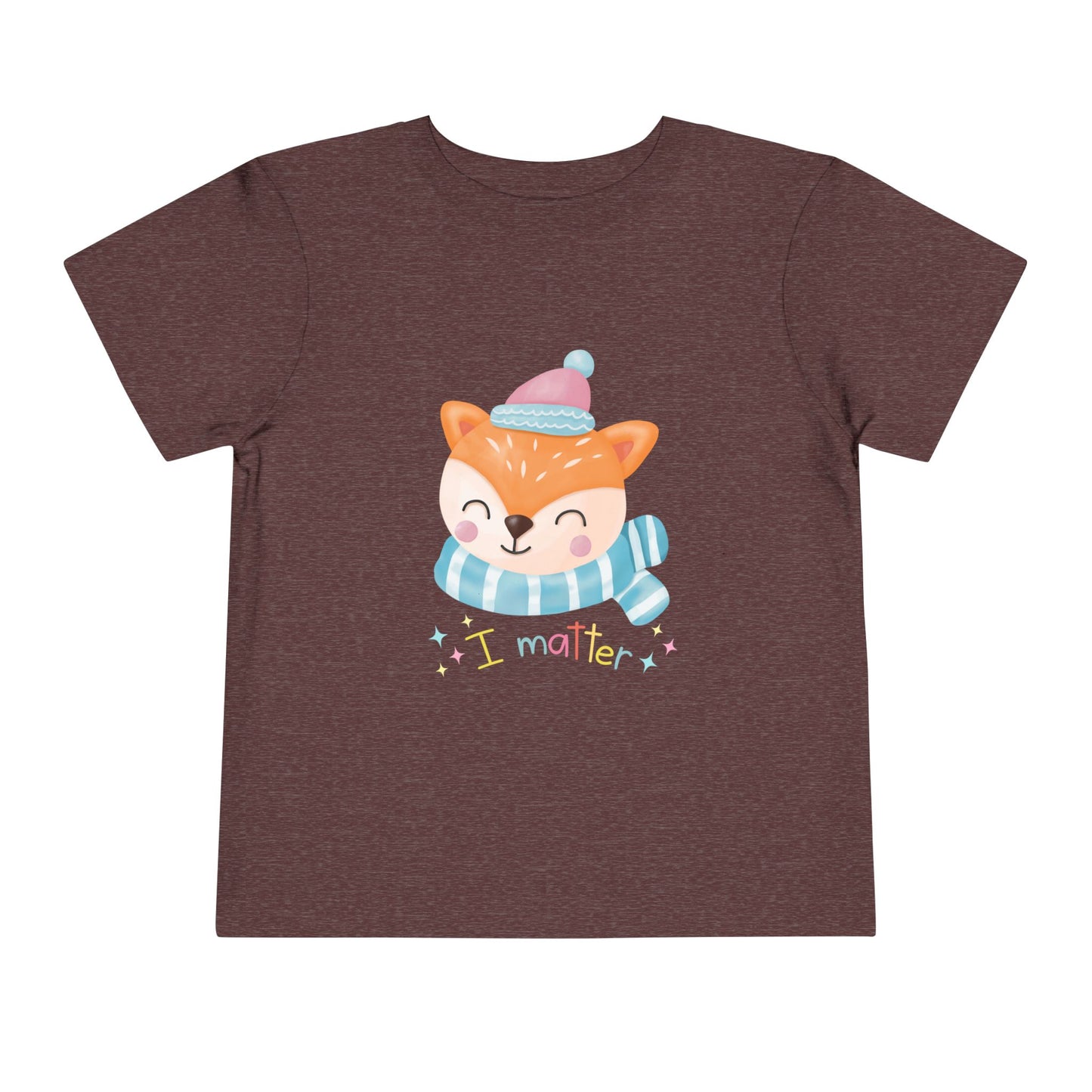 Maroon toddler t-shirt with a winter fox graphic and 'I matter' text on a white background