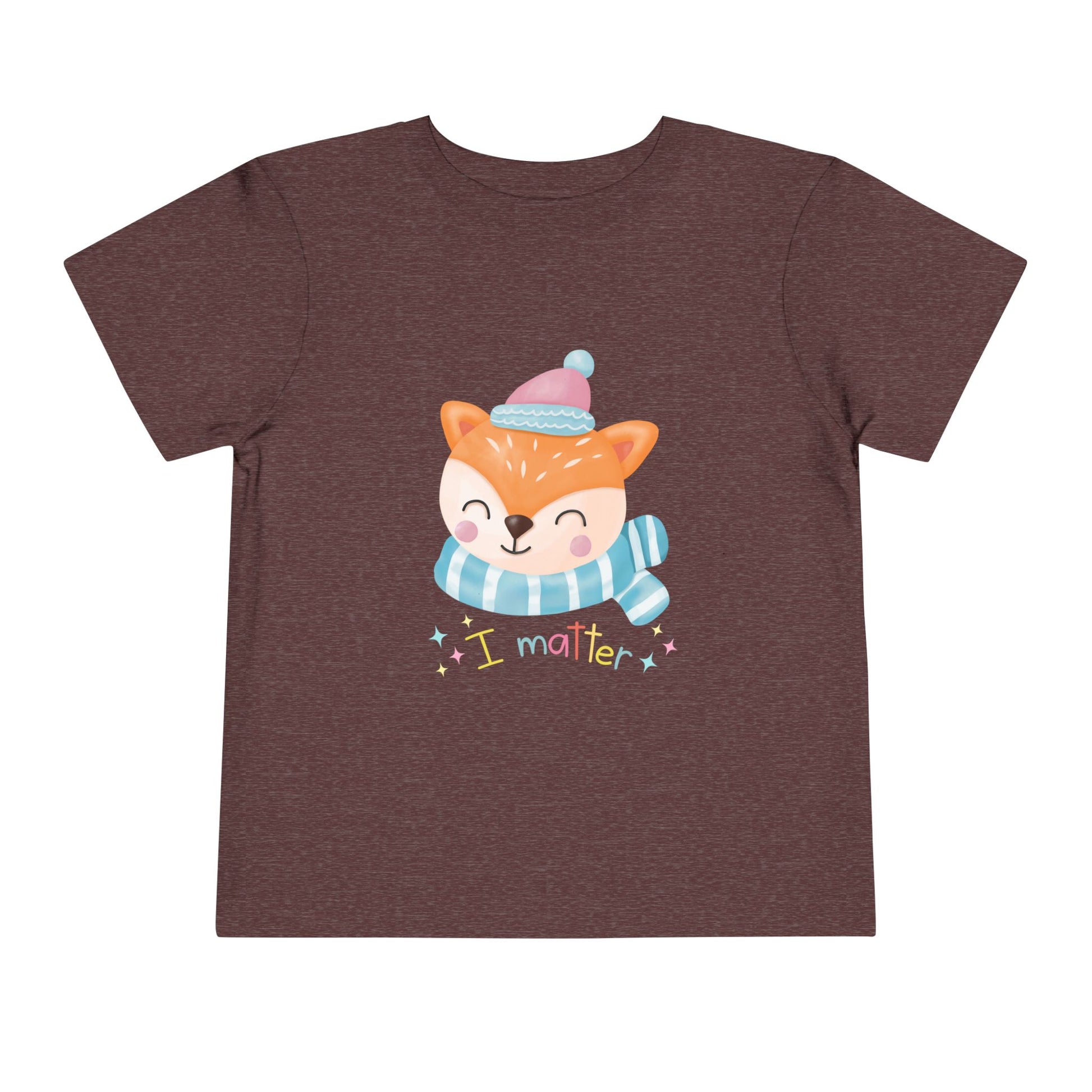 Maroon toddler t-shirt with a winter fox graphic and 'I matter' text on a white background