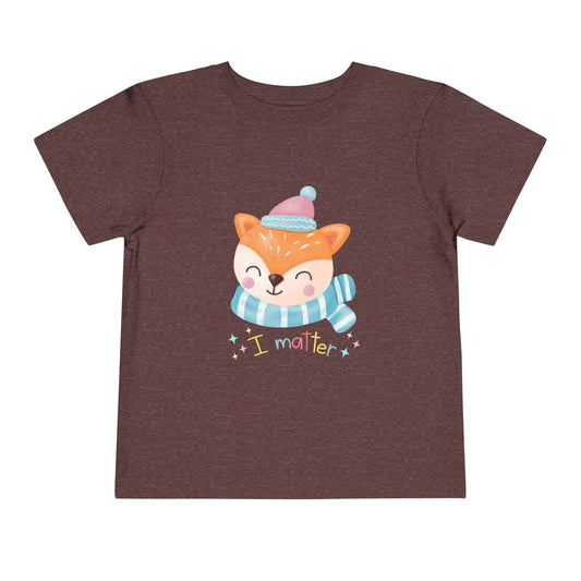 Children's t-shirt with a fox graphic and 'I matter' text on a white background