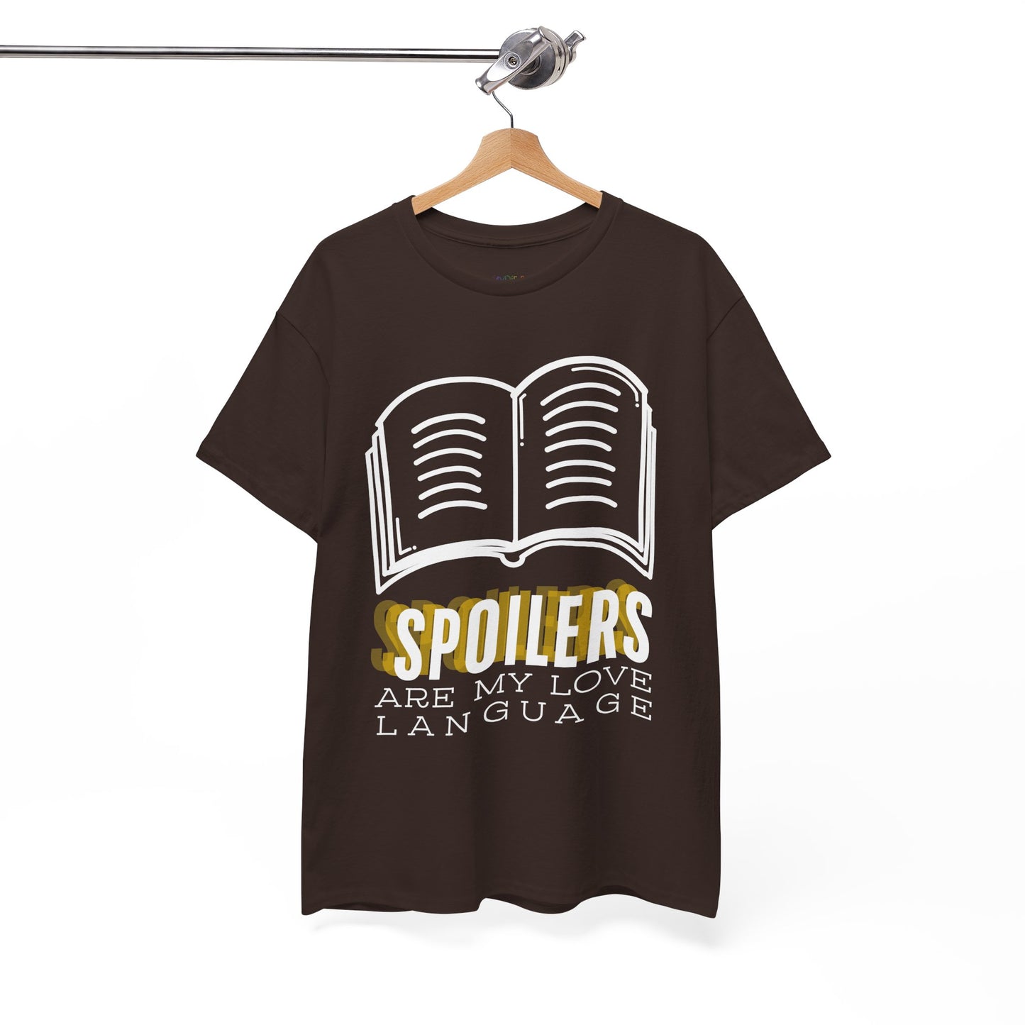 Brown t-shirt with a white book graphic and text 'SPOILERS are my love language'
