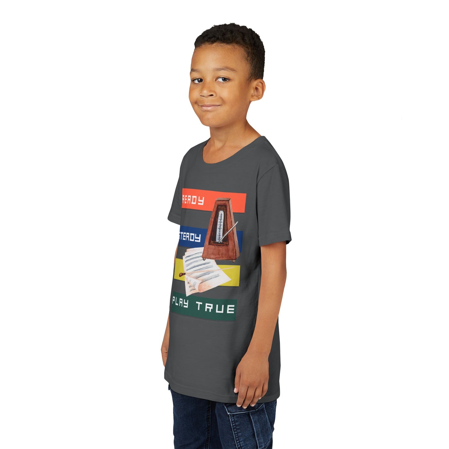 Boy wearing a gray t-shirt with colorful stripes, music sheets, a metronome and text 'Ready. Steady. Play True.'