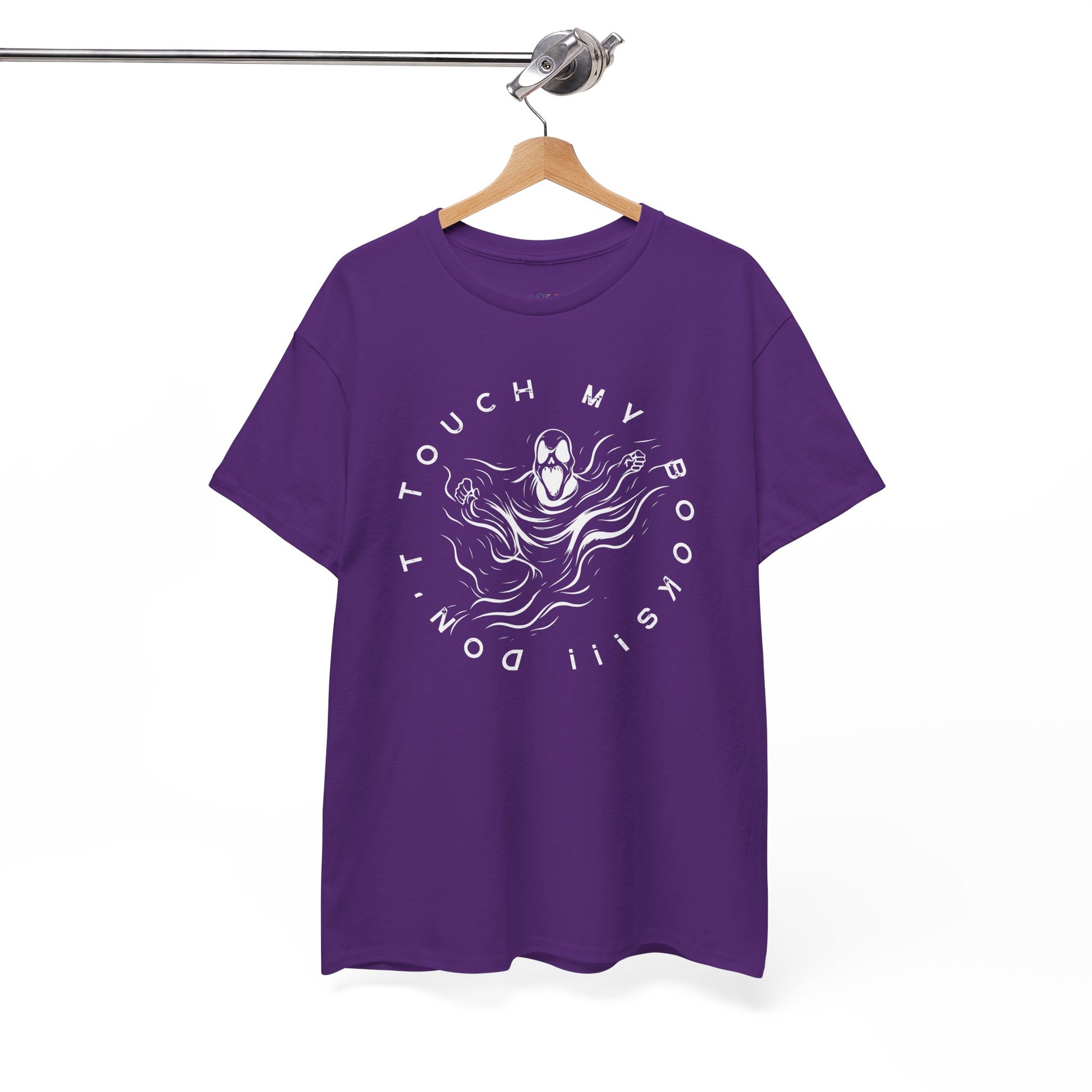 Purple t-shirt with a ghost or spirit graphic design and text 'Don't Touch My Books!!!'