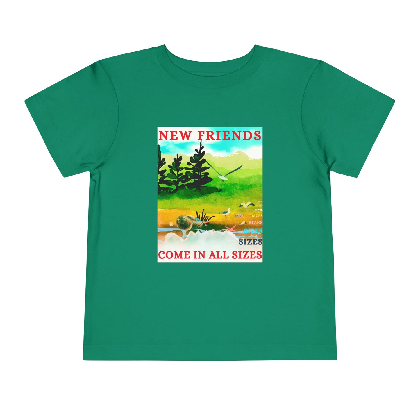 Green toddler t-shirt with a colorful nature beach scene and text 'New Friends Come in All Sizes'