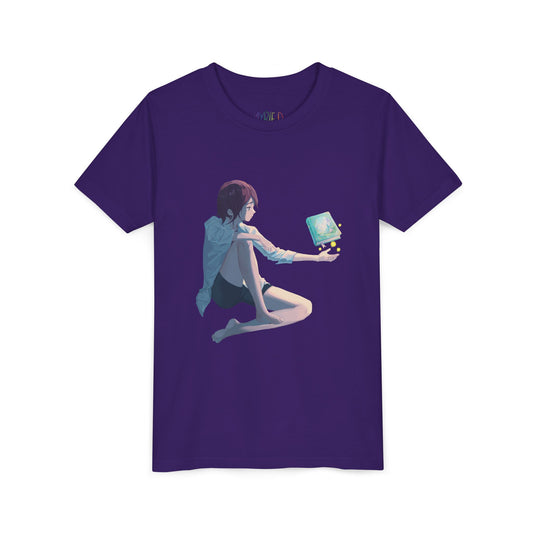 Purple t-shirt with a fantasy illustration of a person holding their palm up and a book floating above it 
