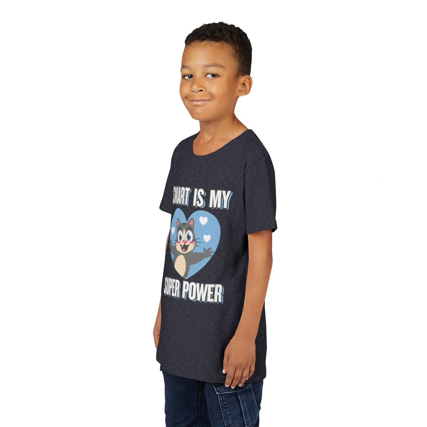 Boy wearing a heather navy t-shirt with cartoon cat character in a blue heart and text 'Smart Is My Super Power'