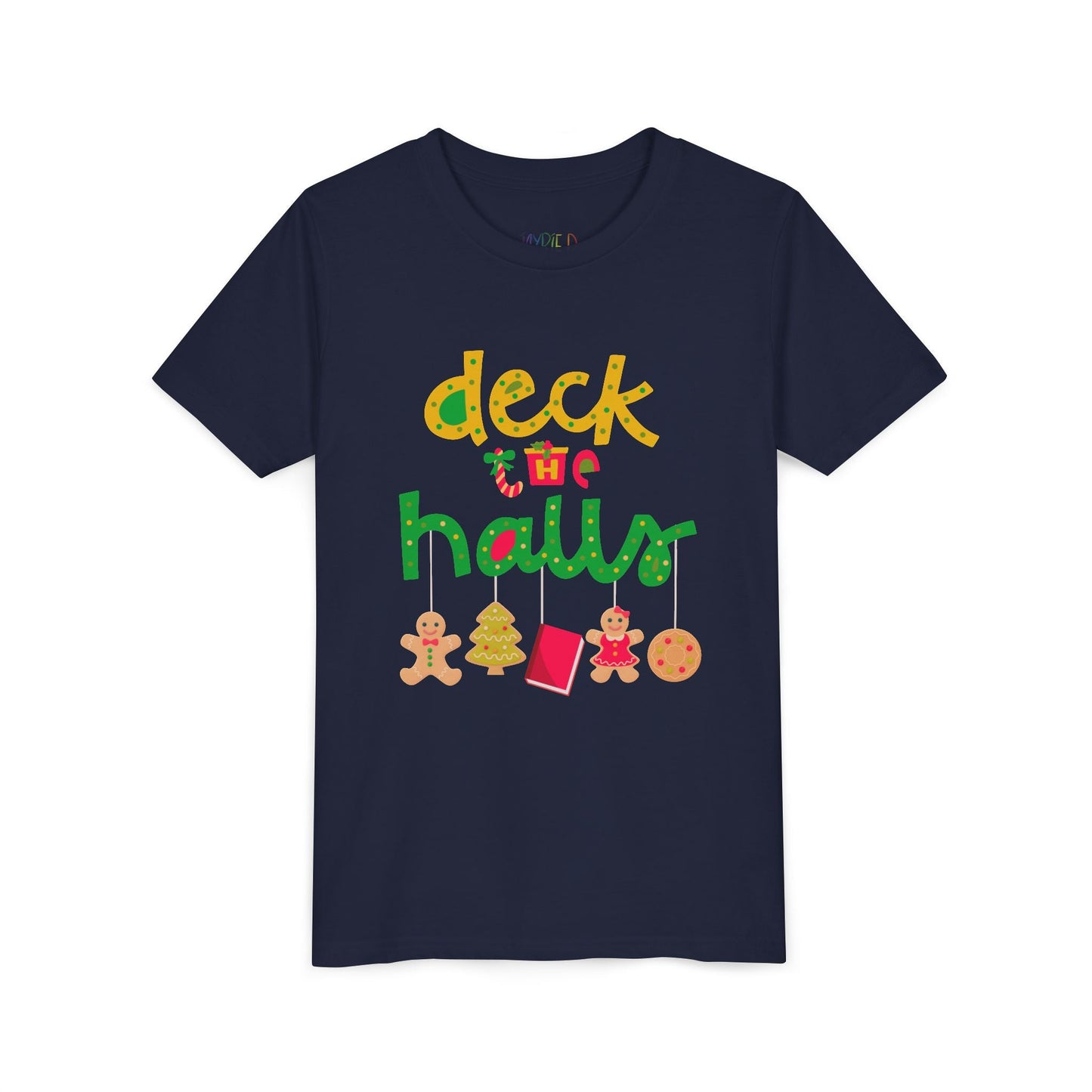 Navy  t-shirt with Christmas deck the halls theme with dangling ornaments
