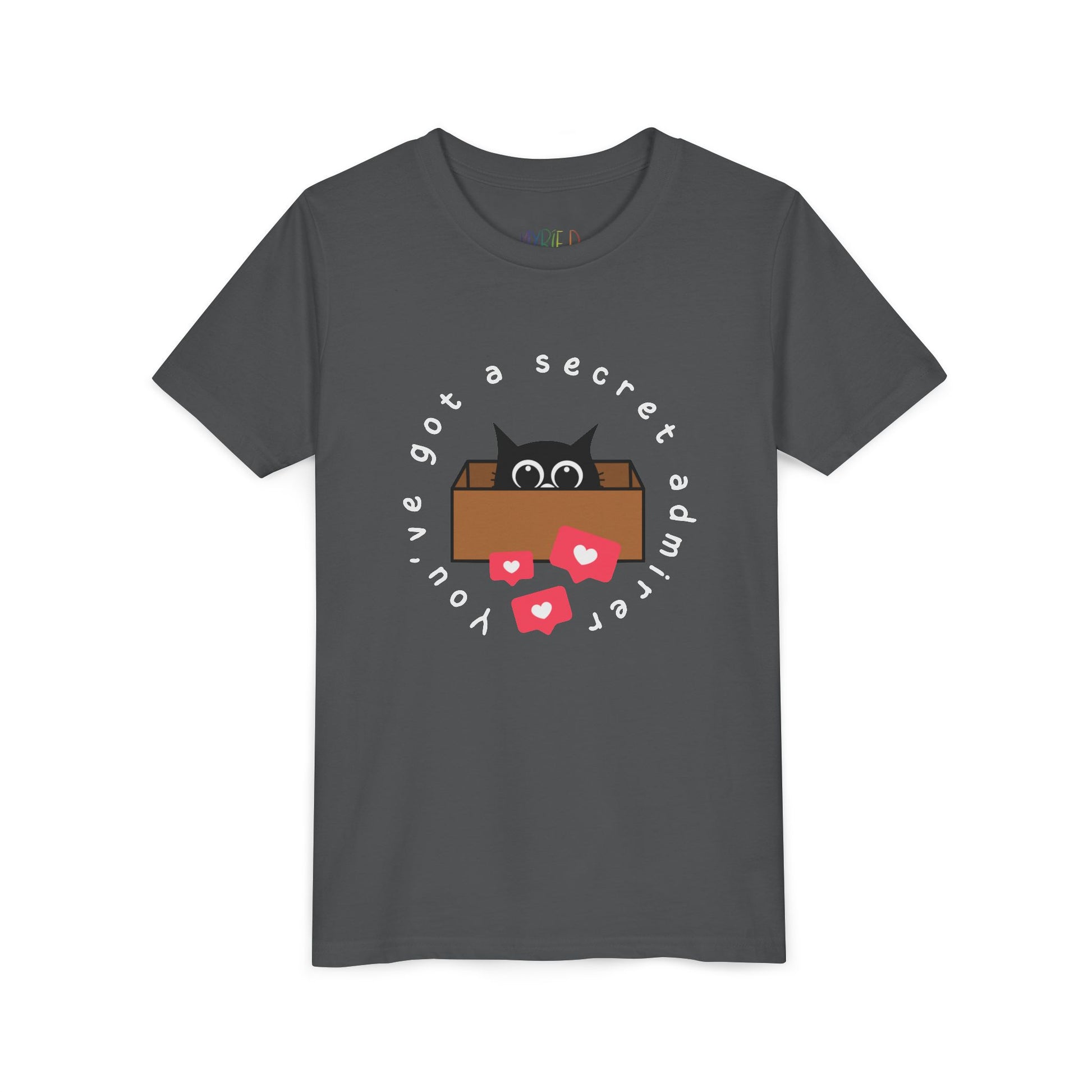 Gray t-shirt with a graphic of a cat peeking out of a box, heart social media bubbles and text 'You've Got A Secret Admirer' 