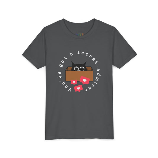 Gray t-shirt with a graphic of a cat peeking out of a box, heart social media bubbles and text 'You've Got A Secret Admirer' 