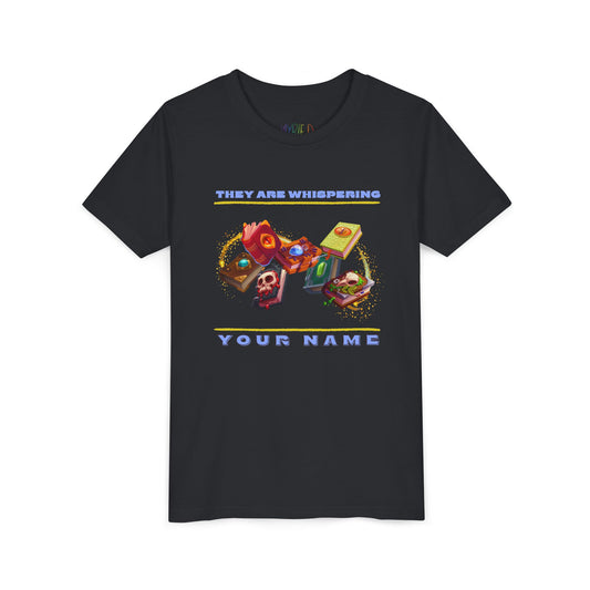Black t-shirt with colorful swirling enchanted book and text 'They Are Whispering Your Name' 