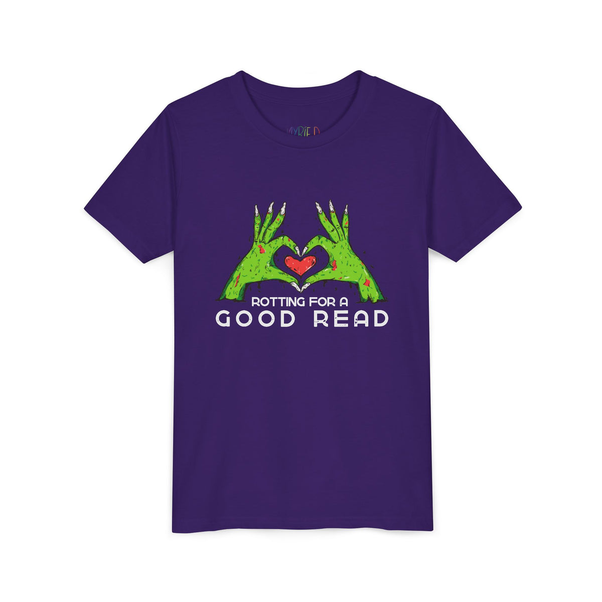 Purple t-shirt with two zombie hands holding a heart and text "rotting for a good read"