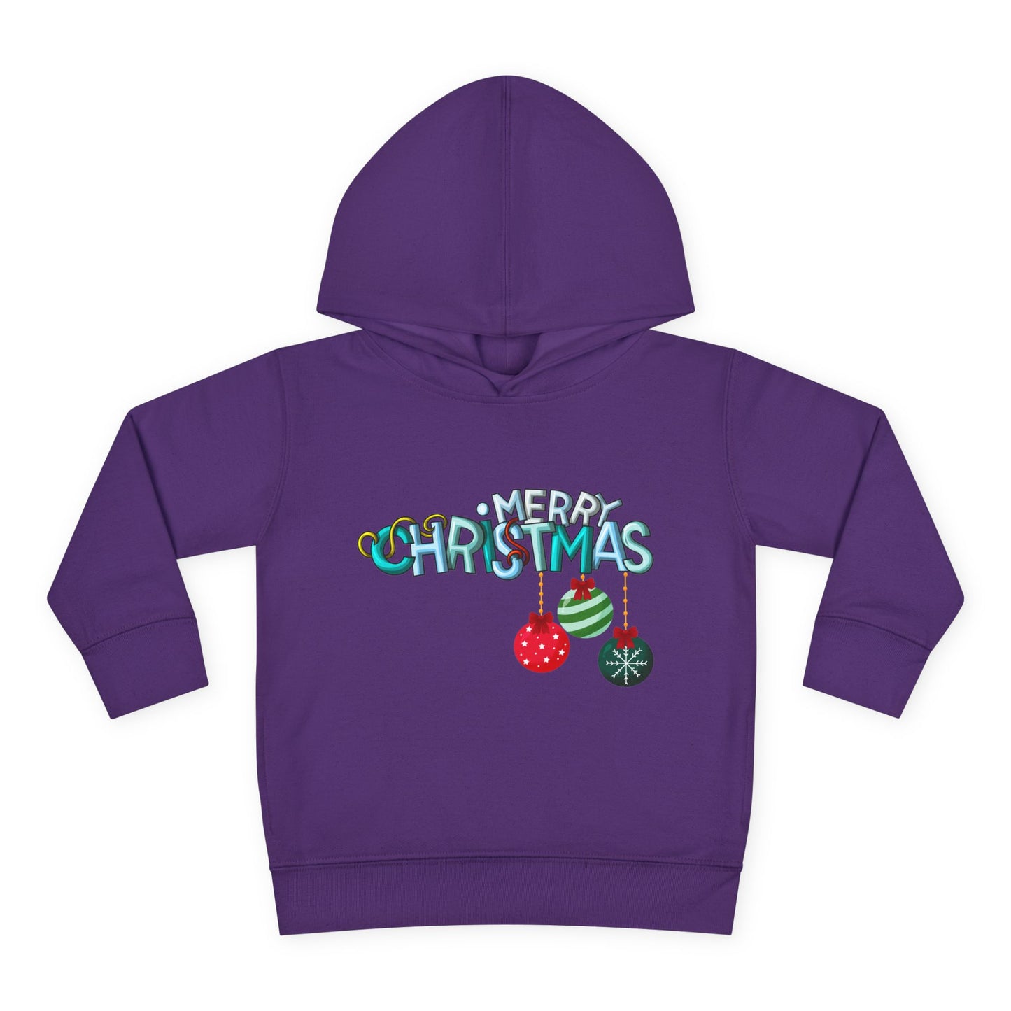 Purple hoodie with 'Merry Christmas' text and ornaments on a white background