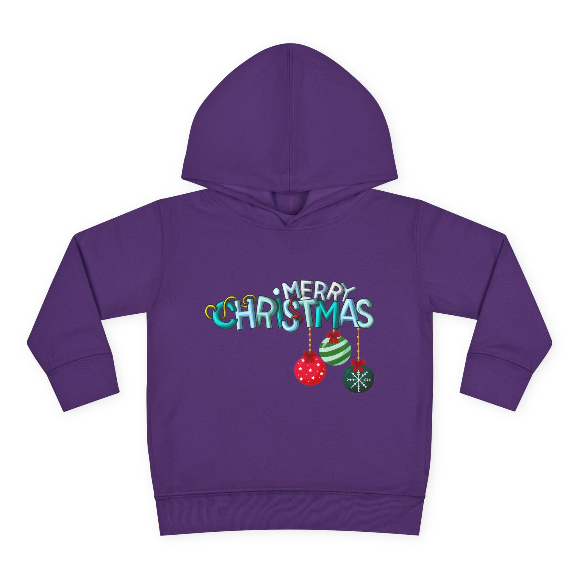 Purple hoodie with 'Merry Christmas' text and ornaments on a white background