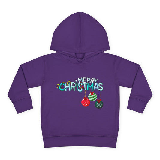 Purple hoodie with 'Merry Christmas' text and ornaments on a white background