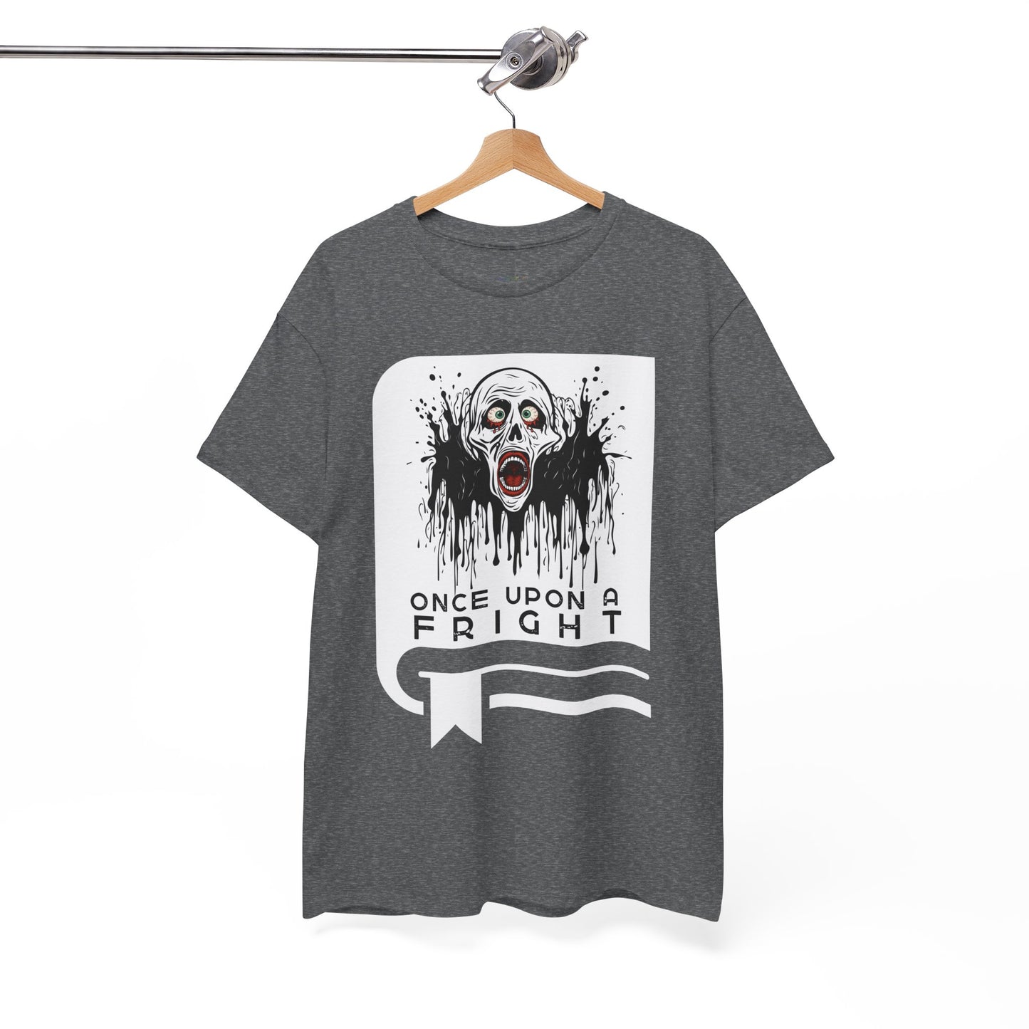 Gray t-shirt with a graphic design of creepy skeleton graphic on a book cover and text 'Once Upon a Fright' on a hanger against a white background.