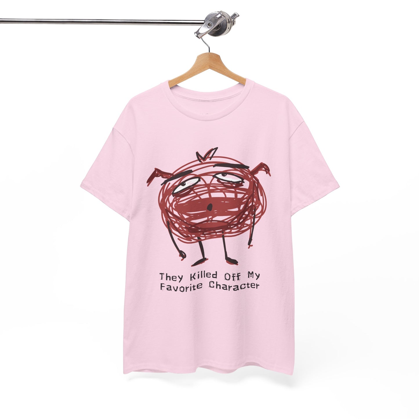 Pink t-shirt with a scribbled character looking defeated and text 'They Killed Off My Favorite Character'