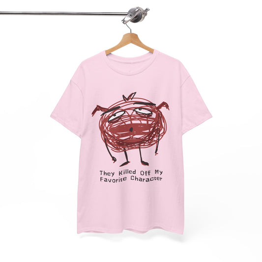 Pink t-shirt with a scribbled character looking defeated and text 'They Killed Off My Favorite Character'
