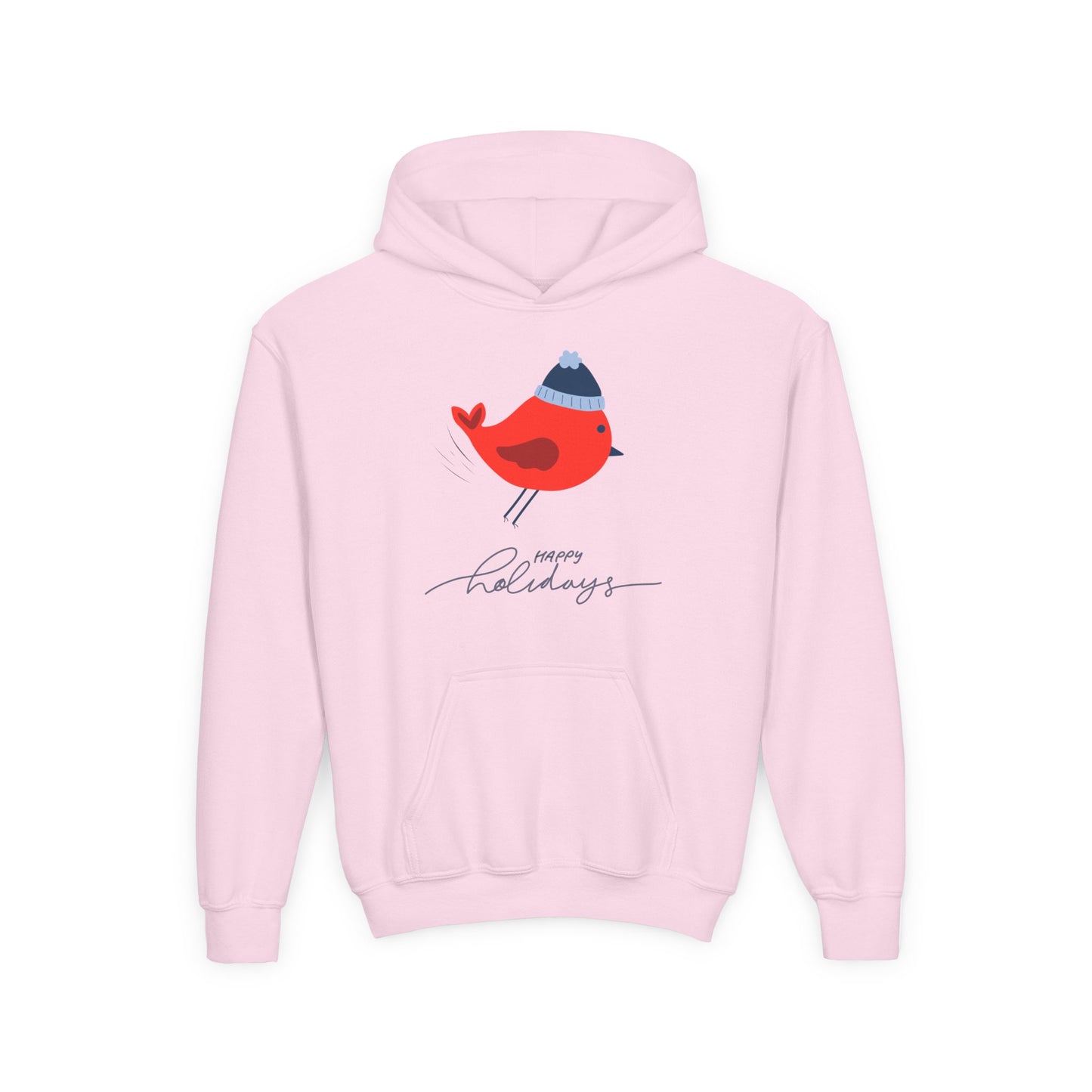 Pink hoodie with a red bird in a winter cap, text 'Happy Holidays' text on a white background