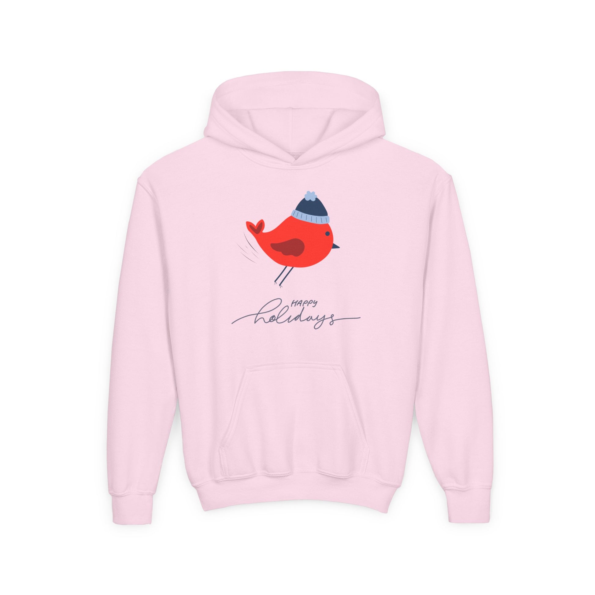 Pink hoodie with a red bird in a winter cap, text 'Happy Holidays' text on a white background