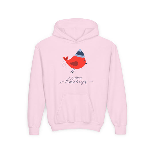 Pink hoodie with a red bird in a winter cap, text 'Happy Holidays' text on a white background