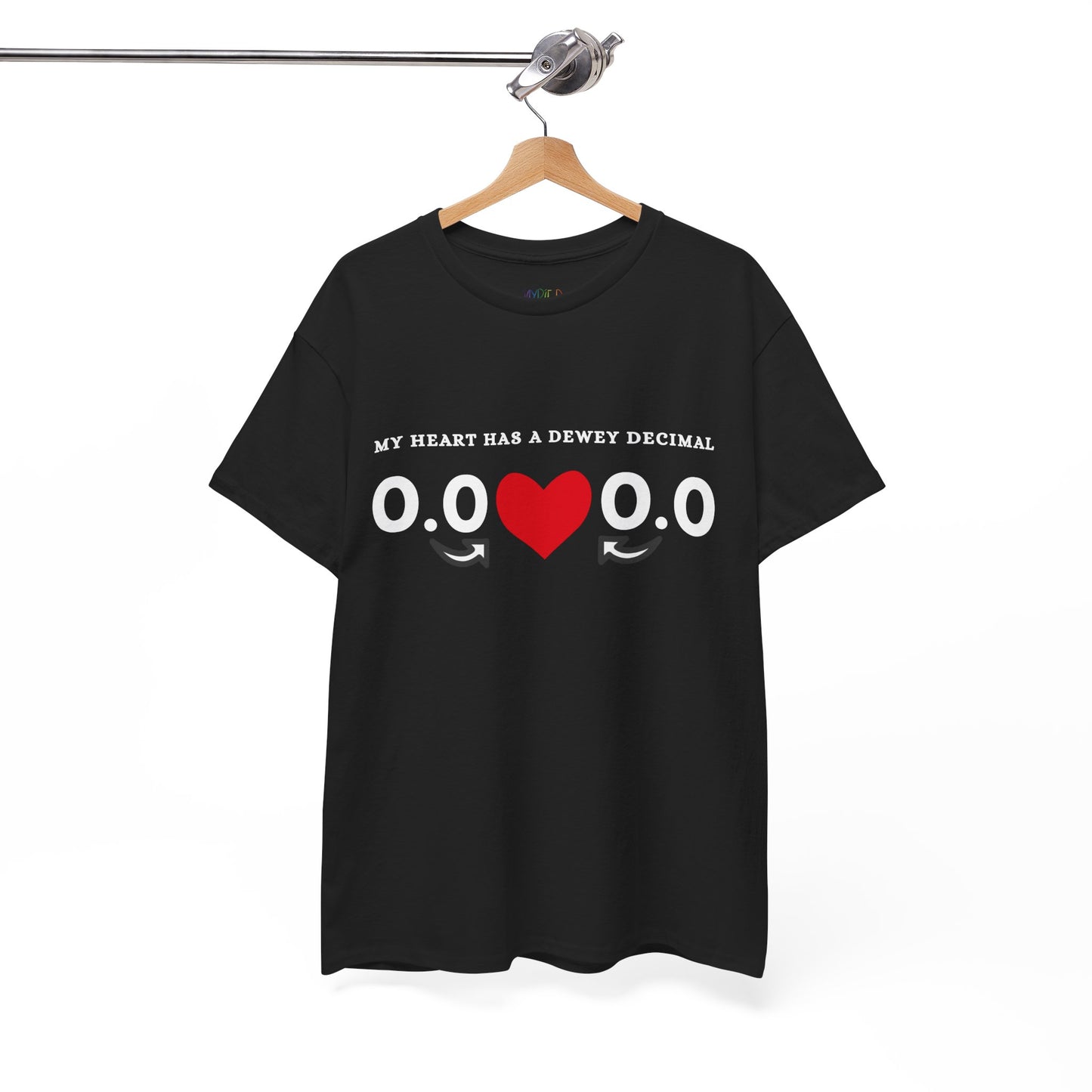 Black t-shirt with a red heart, zeroes and decimals, text 'My Heart Has A Dewey Decimal' 