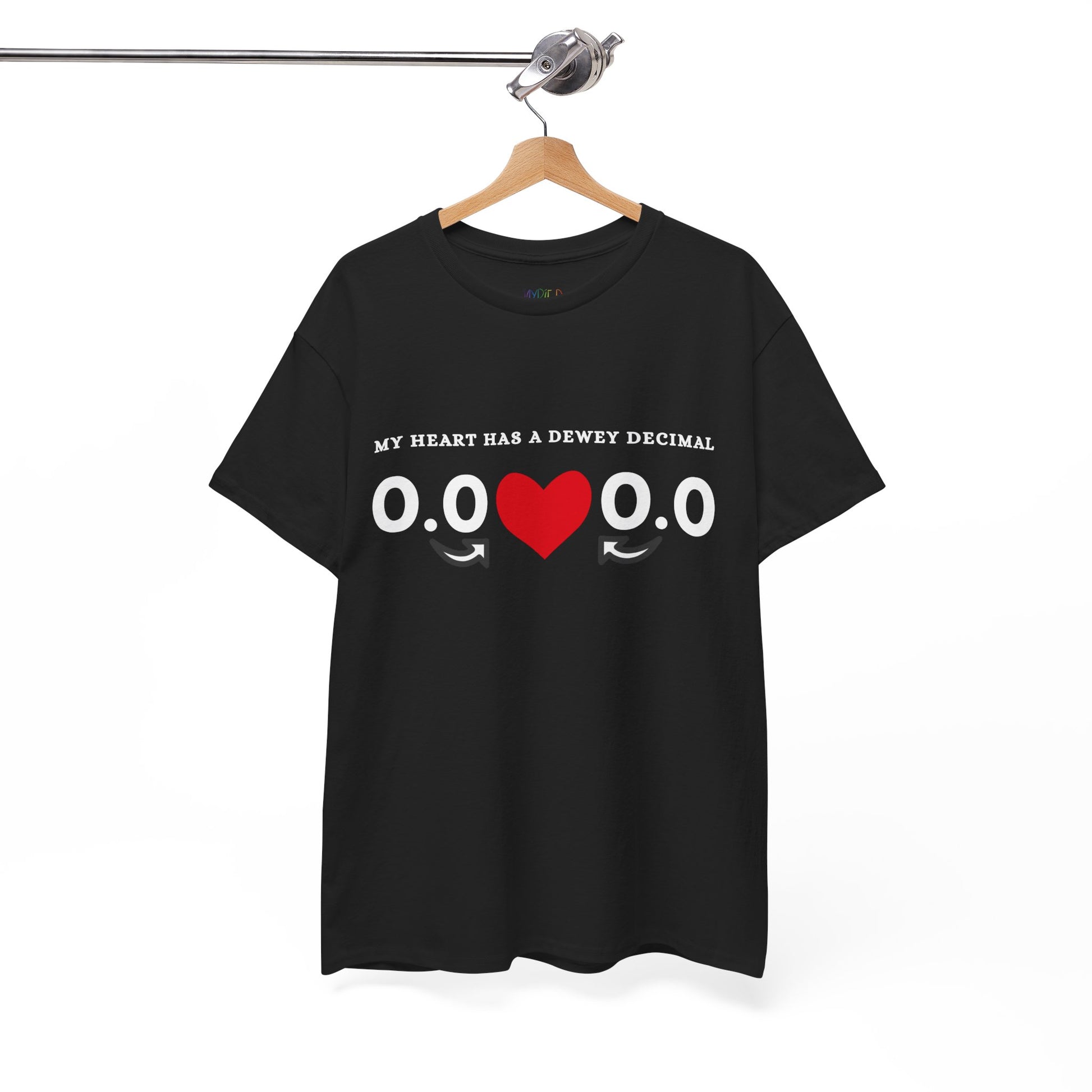 Black t-shirt with a red heart, zeroes and decimals, text 'My Heart Has A Dewey Decimal' 
