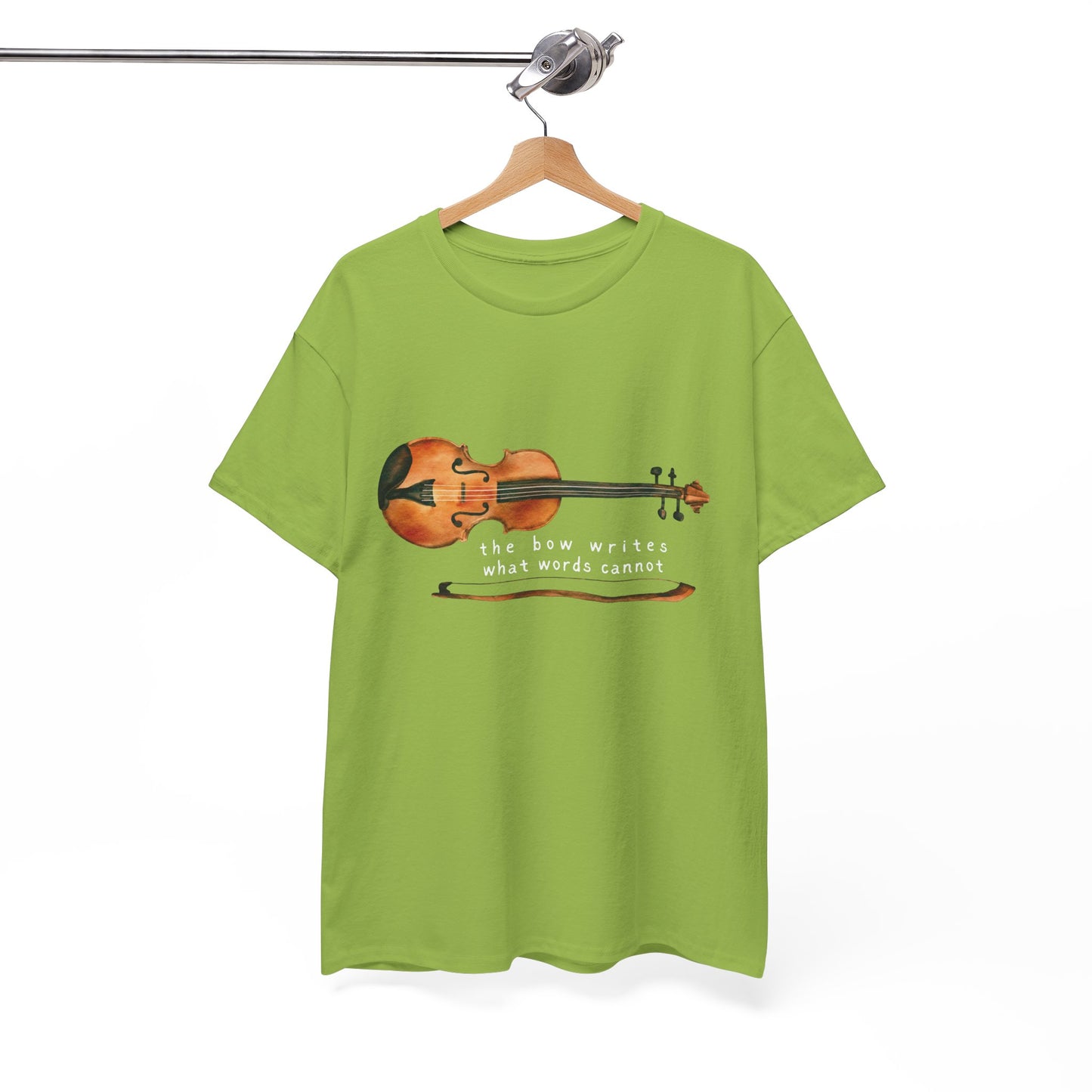 Green t-shirt with a violin graphic and text 'the bow writes what words cannot'